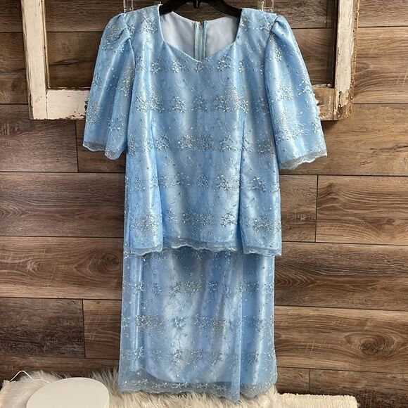 Creative Touch Evening Wear Maxi Skirt Set, Powder Blue , Floral Lace, Size S - Picture 8 of 14